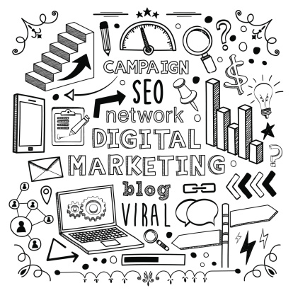 Digital Marketing themed (doodle) hand-drawn illustration.