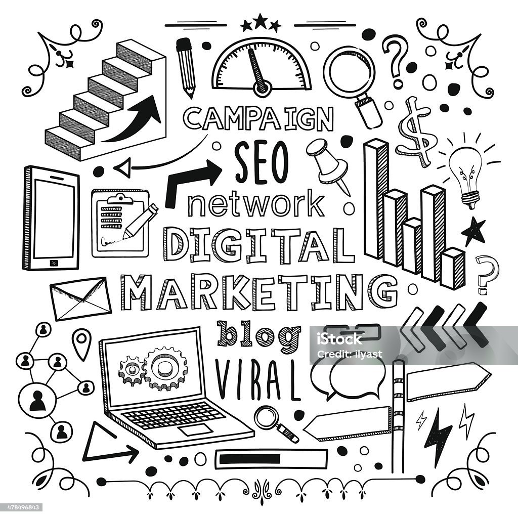 Digital Marketing Digital Marketing themed (doodle) hand-drawn illustration. Marketing stock vector