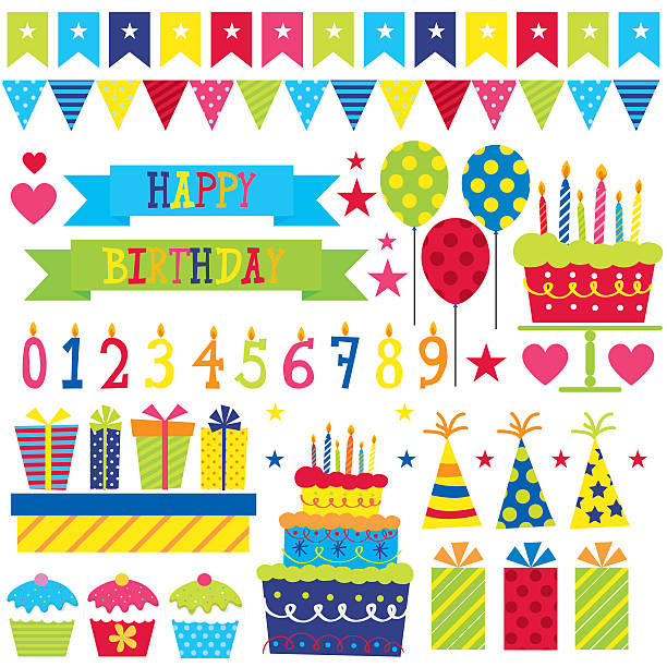 ilustrações de stock, clip art, desenhos animados e ícones de decorações de aniversário - party hat birthday confetti streamer