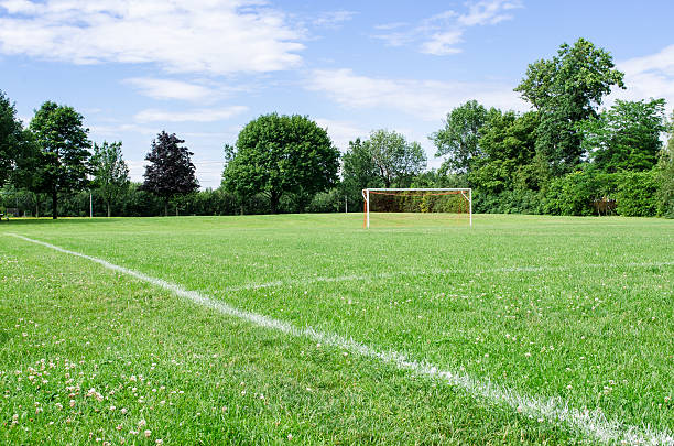 sunny soccer field - sportplatz stock-fotos und bilder