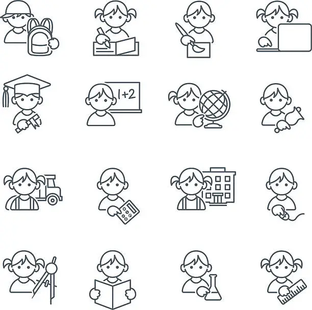 Vector illustration of School Kids Education icons in thin lines