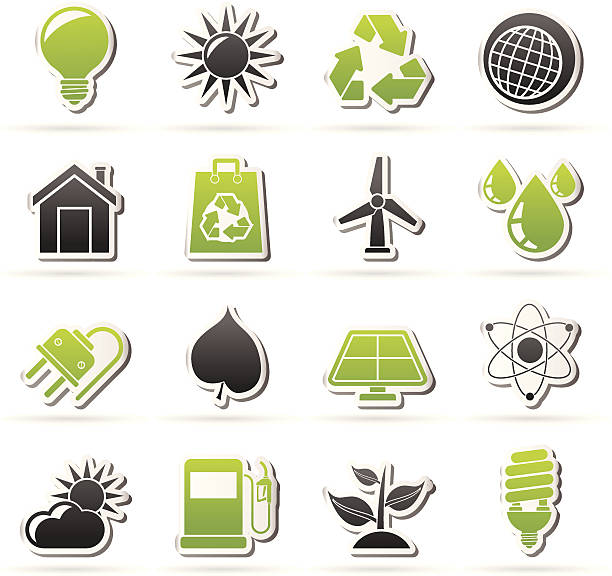 생태학, 자연 및 환경 아이콘 - diesel factory water sun stock illustrations