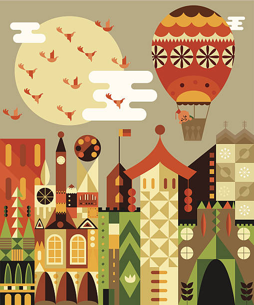 balon na gorące powietrze ride koryto miasto - cloud community city mid air stock illustrations