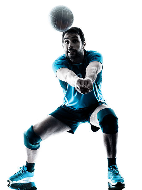 man volleyball silhouette one caucasian man volleyball in studio silhouette isolated on white background male volleyball player stock pictures, royalty-free photos & images