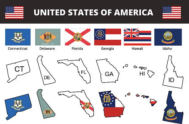 Vector illustration of six of USA state flags and maps