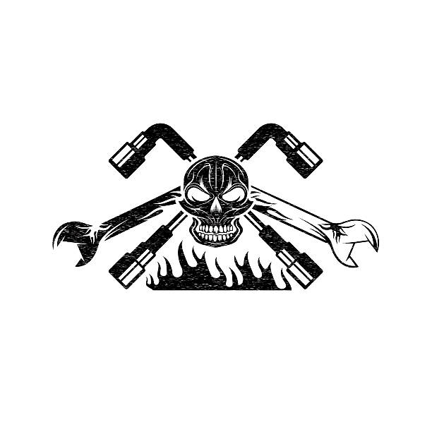 ilustrações de stock, clip art, desenhos animados e ícones de emblema do grunge com crânio, chama e spanners - tattoo grunge crest coat of arms