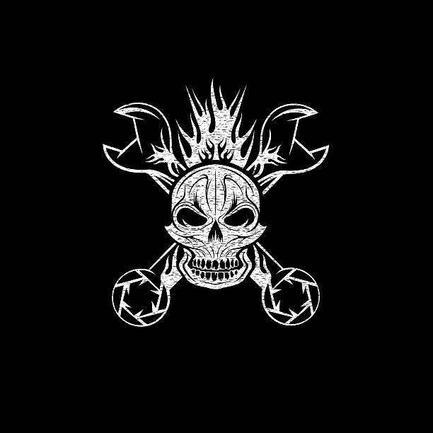 ilustrações de stock, clip art, desenhos animados e ícones de emblema do grunge com crânio, chama e spanners - tattoo grunge crest coat of arms