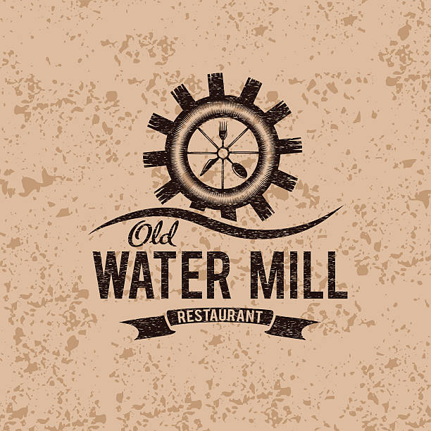 old water mill restaurant concept vector design template old water mill restaurant concept vector design template water wheel stock illustrations