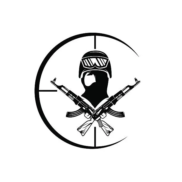 Vector illustration of face of military man with automatic guns and target