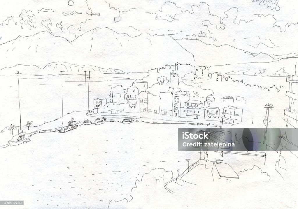 Panorama of the city from the sea Bay. Linear figure 2015 stock illustration