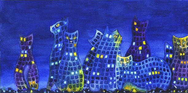 istock Night city with cats – watercolor illustration 478520302