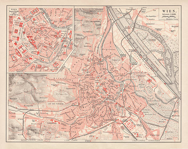 ilustrações de stock, clip art, desenhos animados e ícones de mapa da cidade de viena, áustria, publicada em 1878 - austria vienna map horizontal