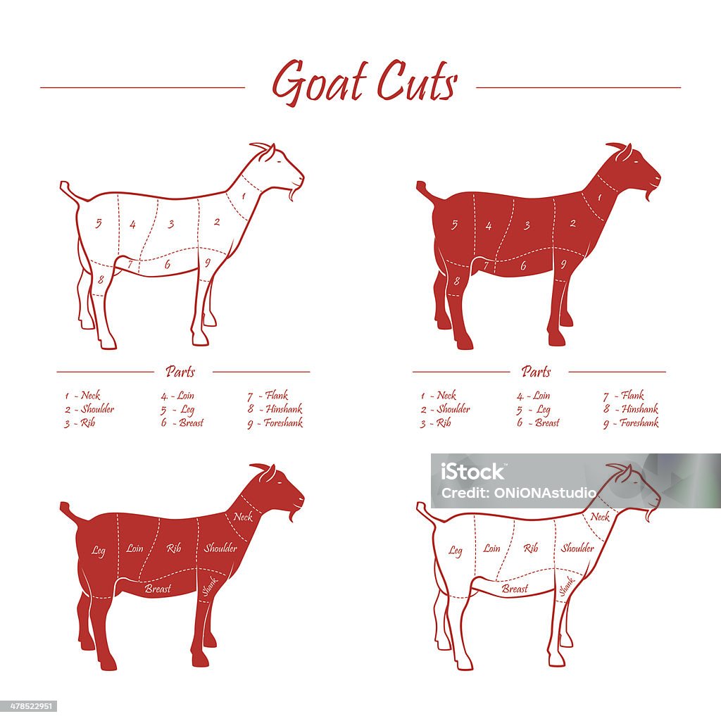 GOAT MEAT CUTS SCHEME Set of meat cuts diagram in vector style - red on white Goat Meat stock vector