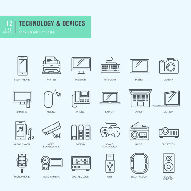 Thin line icons set. Icons for technology, electronic devices. Thin line vector icons set computer cable stock illustrations
