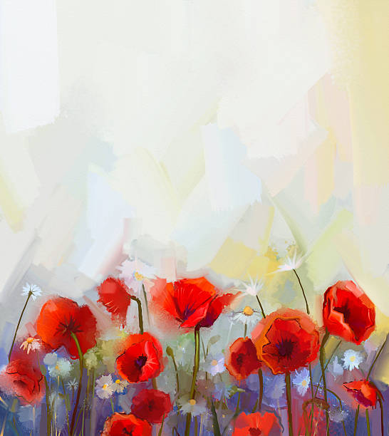 malarstwo olejne czerwony mak kwiaty. - poppy field red flower stock illustrations