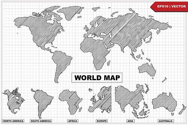 sketch doodle of hand drawn карта мира, векторная illustratio линии - globe politics topography world map stock illustrations