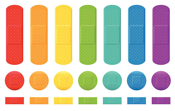 Plasters Colors Adhesive Bandage Collection Plaster collection - seven different colors, three various sizes. Isolated vector illustration on white background. adhesive bandage stock illustrations