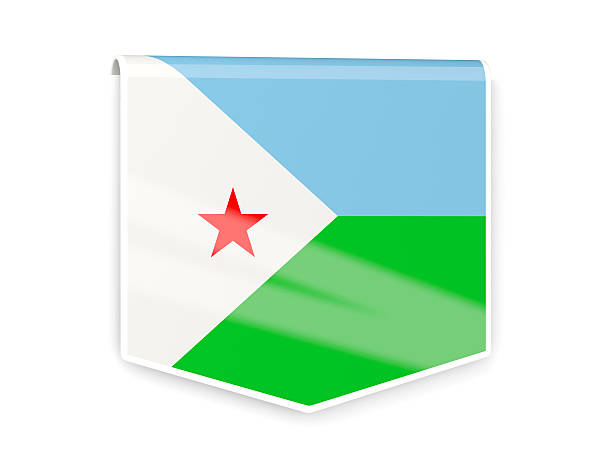 Small paper flag of Djibouti pinned. Isolated on white background. Horizontal orientation. Close up photography. Copy space.