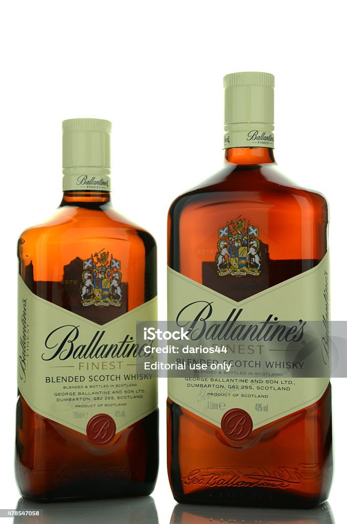 Ballantines whisky isolated on white background Kwidzyn, Poland - April 11, 2015: Ballantines whisky isolated on white background. Ballantines is blended scotch whisky produced produced by Pernod Ricard in Dumbarton, Scotland. 2015 Stock Photo