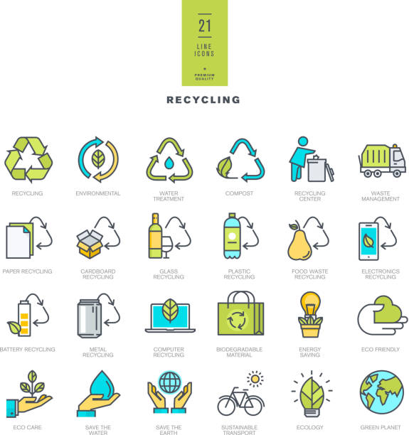 bildbanksillustrationer, clip art samt tecknat material och ikoner med set of line modern color icons for recycling - paper organization