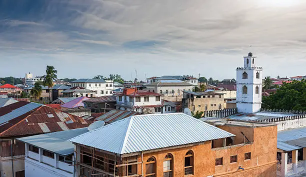 rooftop view over the african city of stonetown zanzibar showing the weathered zink roofing and city skyline