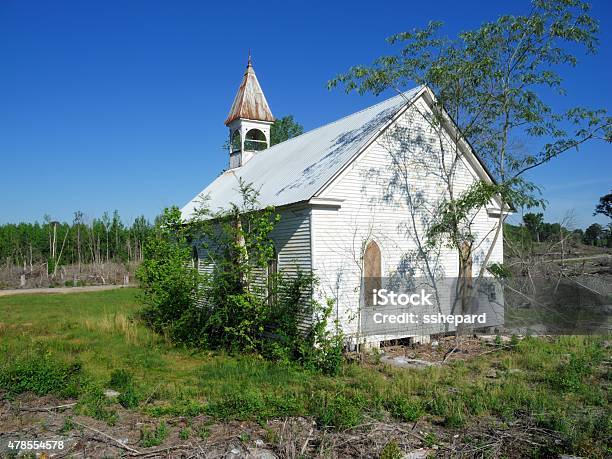 Abandoned Church In Demolished Forest Stock Photo - Download Image Now - 2015, Abandoned, Boarded Up