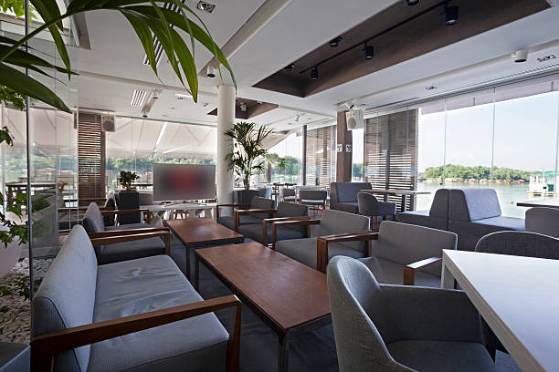istock Interior of an elegant riverside cafe 478555086