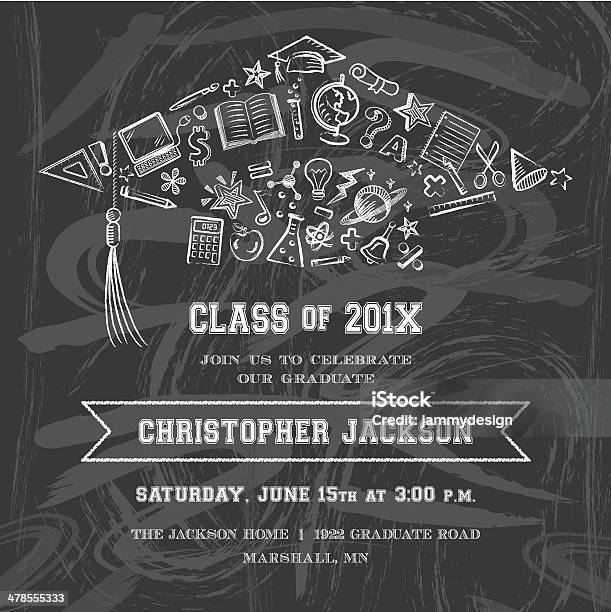 Graduation Cap Invitation Stock Illustration - Download Image Now - Graduation, Chalk - Art Equipment, Chalk Drawing