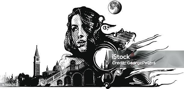 Ilustración de Mujer Y Surrealista Haber Mezclado Paisaje y más Vectores Libres de Derechos de Luna llena - Luna llena, Recuerdos, Viaje