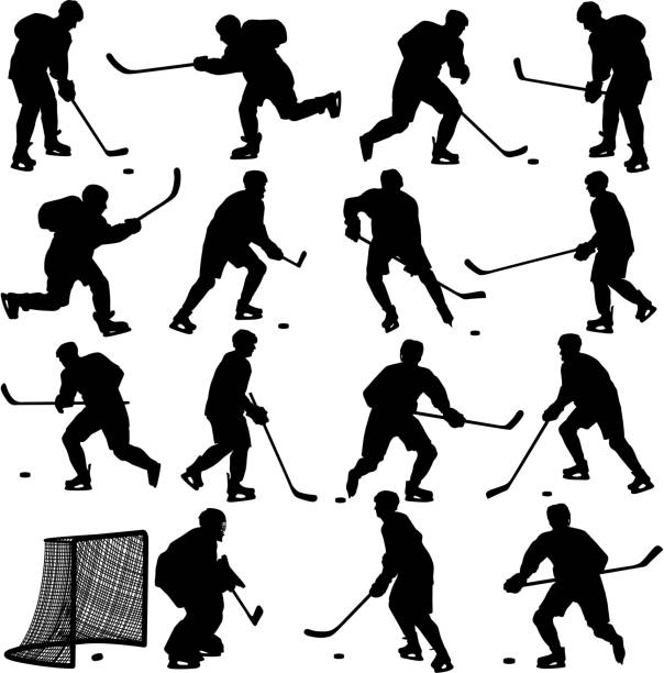 silhouetten von hockey player - winter sport team sport hockey puck sport stock-grafiken, -clipart, -cartoons und -symbole