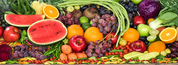 Large group of fresh fruits and vegetables organics for heathy