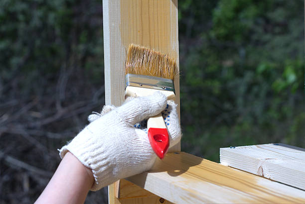 istock Female hand paints brown a wooden shelving 478570624