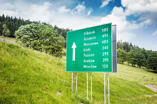 Road sign with distances to major polish cities