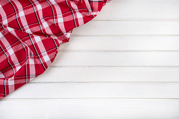 istock Top view of checkered kitchen towels on wooden table. 478573612