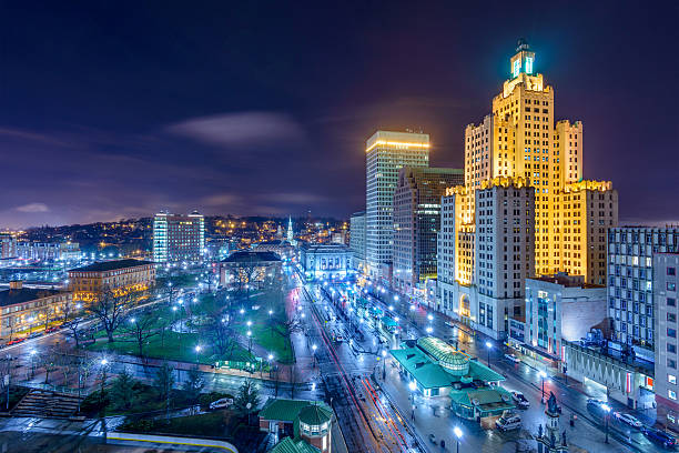 Providence Cityscape Providence, Rhode Island, USA cityscape at night. providence rhode island stock pictures, royalty-free photos & images