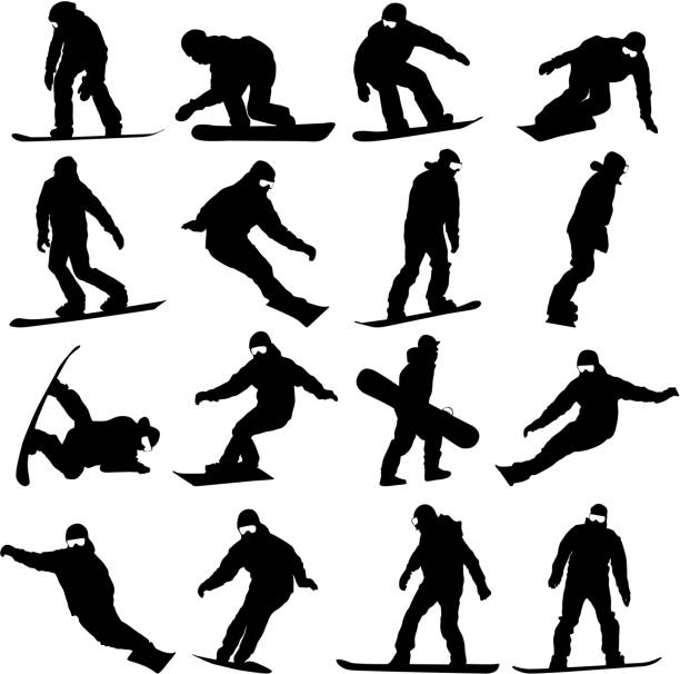 illustrations, cliparts, dessins animés et icônes de ensemble de silhouettes de snowboard - faire du snowboard