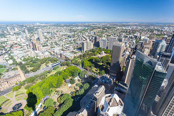 Aerial View of Sydney Looking East Towards Hyde Park Sydney, Australia - October 16, 2013: A clear sunny day in Sydney, looking east towards Hyde Park. hyde park sydney stock pictures, royalty-free photos & images