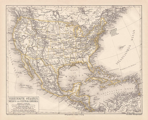 illustrazioni stock, clip art, cartoni animati e icone di tendenza di stati uniti d'america, messico e america centrale, pubblicata nel 1878 - central california illustrations