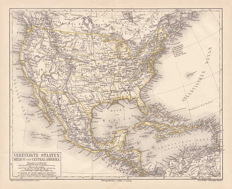 United States of America, Mexico and Central America. Lithograph, published in 1878.