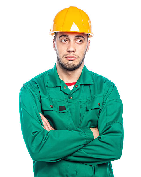Builder - Construction Worker Lazy builder isolated on white background. Morose construction worker lazy construction laborer stock pictures, royalty-free photos & images