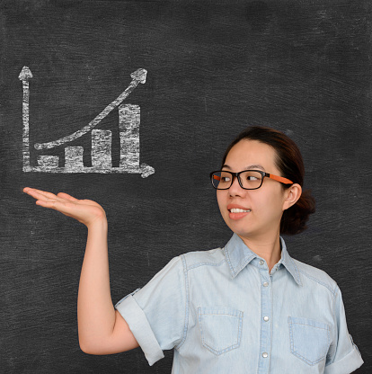 Asian woman show business profit growth graph  sign on chalkboard
