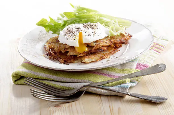 potato pancake with poached egg and salad