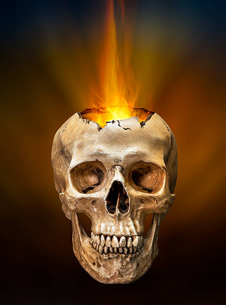 빔 화재 송이의 메트로폴리스 브로컨 휴머니즘 스컬 - inferno fire flame skull 뉴스 사진 이미지