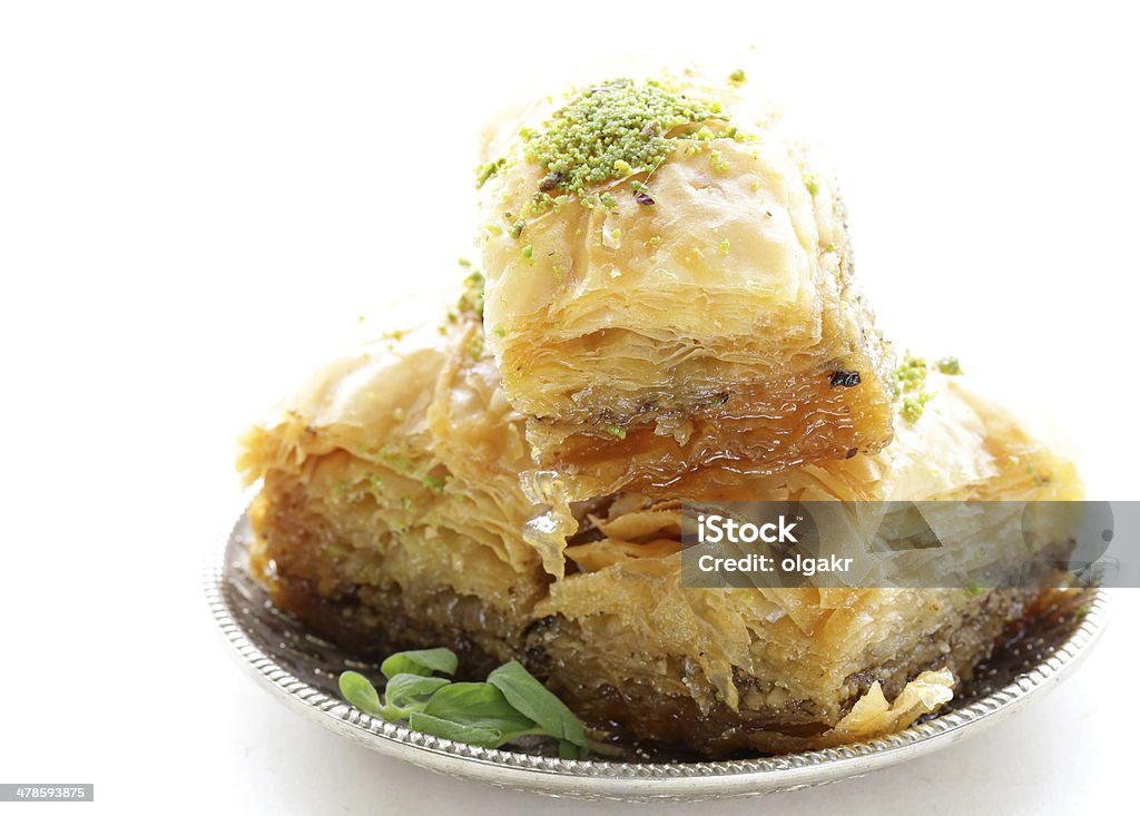 Turkish arabic dessert baklava with honey and nuts Turkish arabic dessert baklava with honey and nuts on a silver plate Baklava Stock Photo