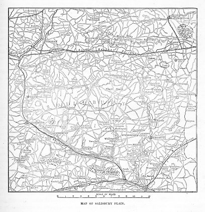 Very Rare, Beautifully Illustrated Antique Engraving of Victorian Map of The Salisbury Plain of England from Our Own Country, Great Britain, Descriptive, Historical, Pictorial. Published in 1880. Copyright has expired on this artwork. Digitally restored.