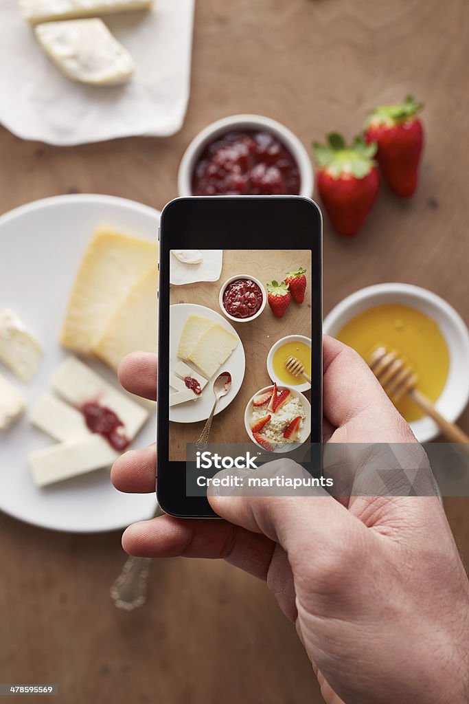 Smartphone taking picture of breakfast Smartphone taking picture of breakfast overlook shot Cheese Stock Photo
