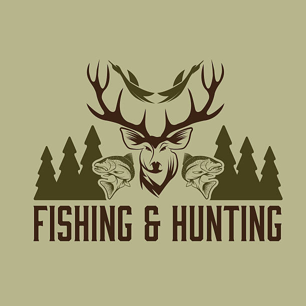 Hunting And Fishing Vintage Emblem Vector Design Template Stock