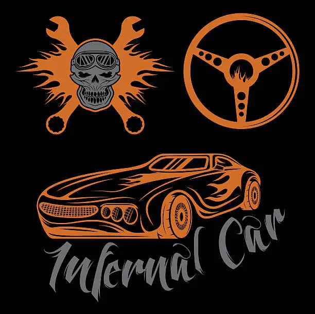 Vector illustration of label sport car theme with car,flame,skull and wrenches
