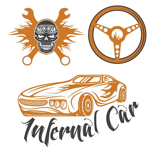 Vector illustration of label sport car theme with car,flame,skull and wrenches