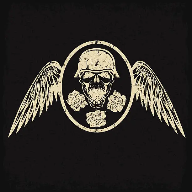 Vector illustration of grunge biker theme label with flowers,wings and skull